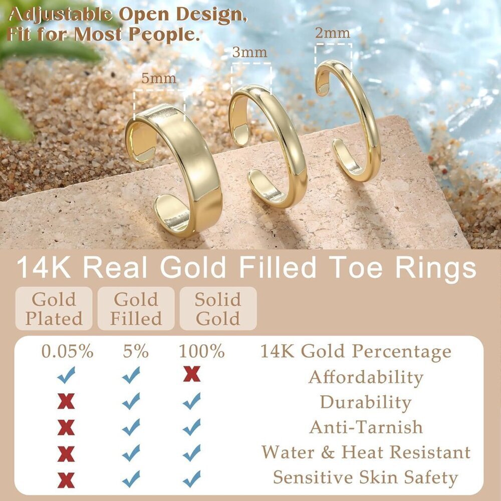 3Pcs Gold Filled Toe Rings Set Women Adjustable Summer Foot Jewelry - Picture 2 of 6